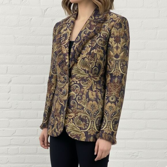 ICE Tapestry Brocade Jacket Size 12 Fringe Gold Navy Baroque Jeweled Buttons - Picture 1 of 16